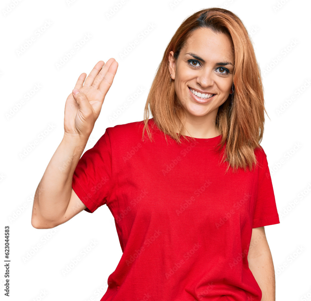 Hispanic young woman wearing casual red t shirt showing and pointing up with fingers number four while smiling confident and happy. Hispanic young woman wearing casual red t shirt showing and pointing up with fingers number four while smiling confident and happy.
