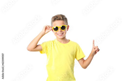 PNG,boy in yellow t-shirt with sunglasses, isolated on white background © Atlas