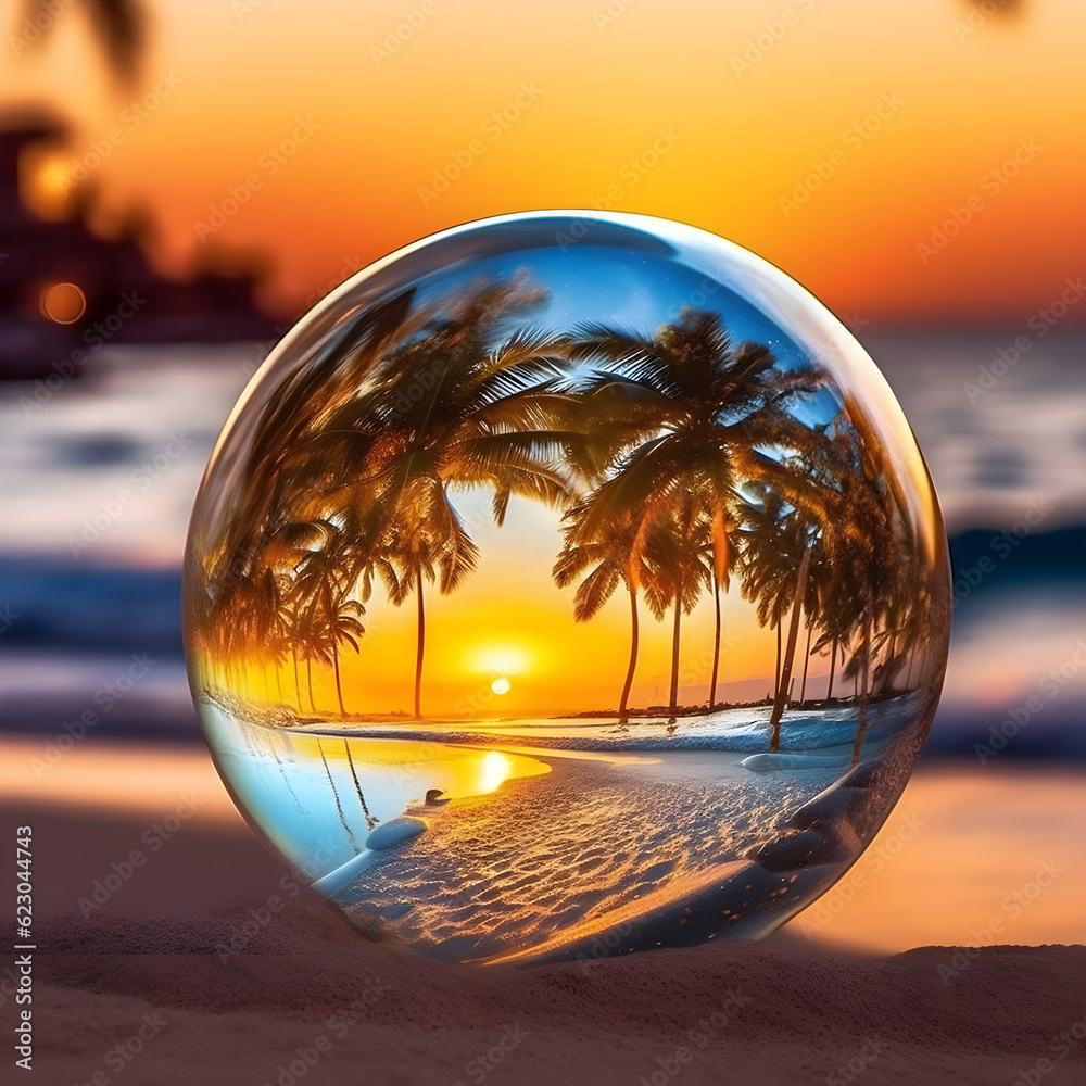 A glass ball at sunset on the palm beach