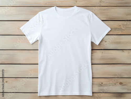 White t-shirt mockup on the wooden background