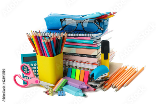 PNG,different school supplies, isolated on white background photo