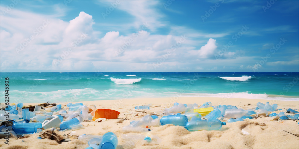 Plastic bottles and waste at a beautiful beach, ai generated