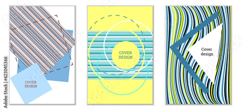 Geometric cover design, set of 3 covers. Abstract unusual background in Memphis style. Bright geometric shapes in random order