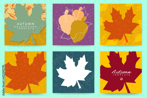 Set of Colorful and patterned autumn artworks with colored maple leaf shape in middle, empty for copy space, text, and photos. Different colored layouts. Editable Vector Illustration. Six designs.