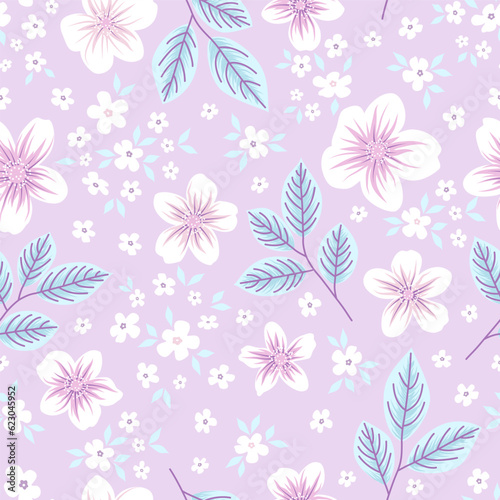 Floral seamless pattern. Big and small flowers and leaves on violet background. Pastel botanical print