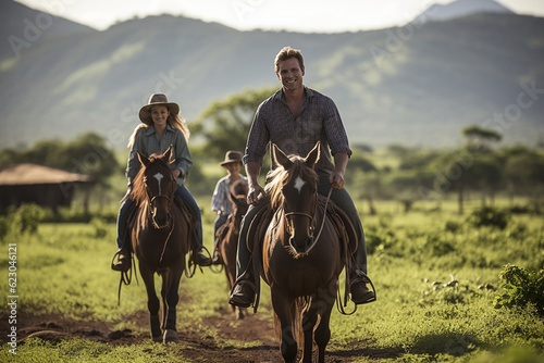 Family enjoying a horseback ride through the Colombian countryside, latam, farm, finca, Colombian, couples, family Generative AI