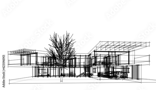 Modern house sketch 3d rendering