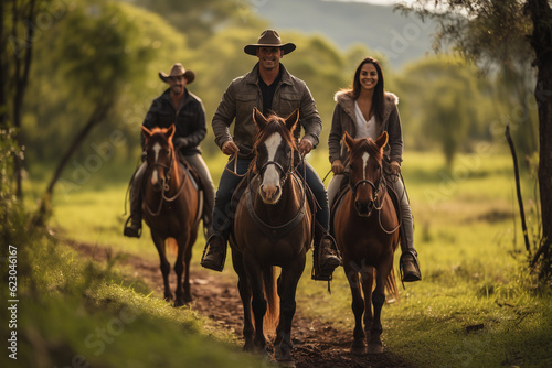 Family enjoying a horseback ride through the Colombian countryside, latam, farm, finca, Colombian, couples, family Generative AI