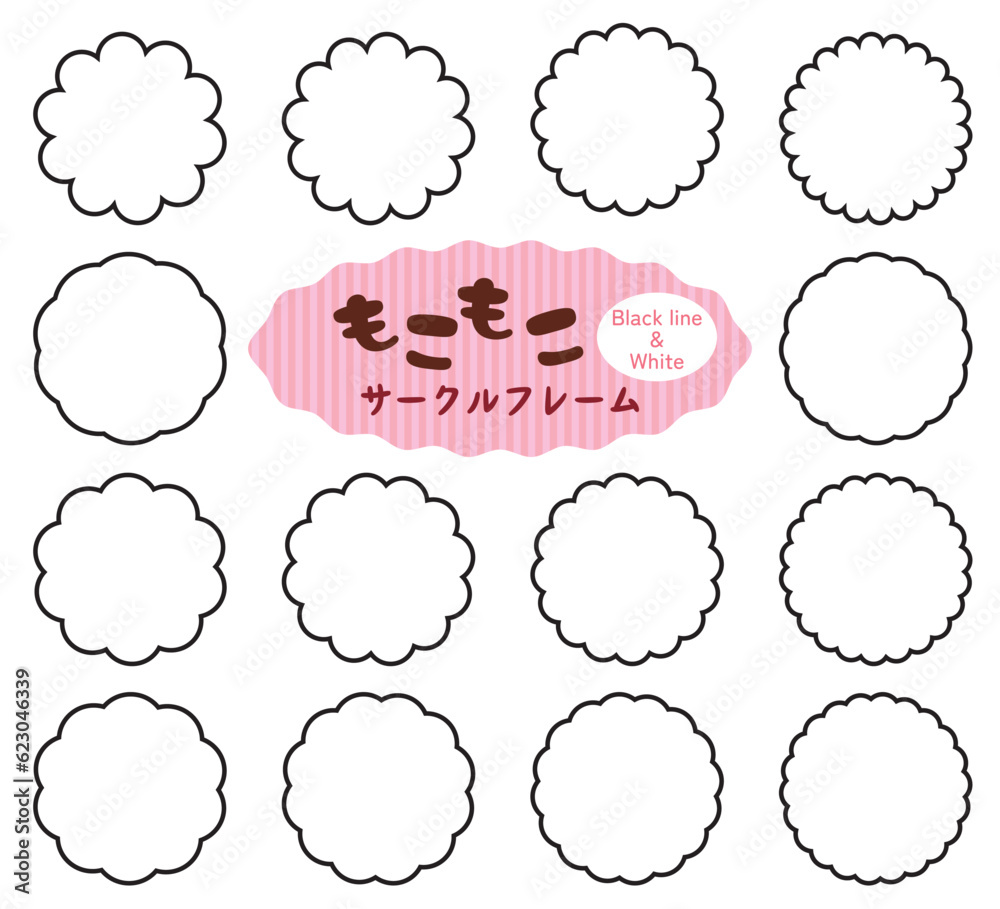 Fototapeta premium もこもこフリルの サークル フレーム アイコン 吹き出し/黒ライン・白窓