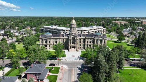 State capitol building of Wyoming. Cheyenne, WY is the capital city. Aerial dolly forward towards government building. photo