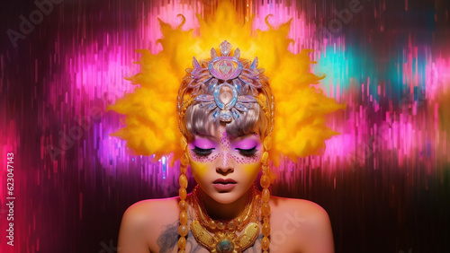Asiatische Frau Gesicht mit Neon Kopschmuck aus Federn und Blumen Poster Nahaufnahme  ai generativ