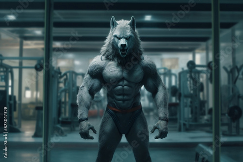 fit Wolf standing at the gym, Gym beast, Muscular wolf working out at the fitness center, generative AI