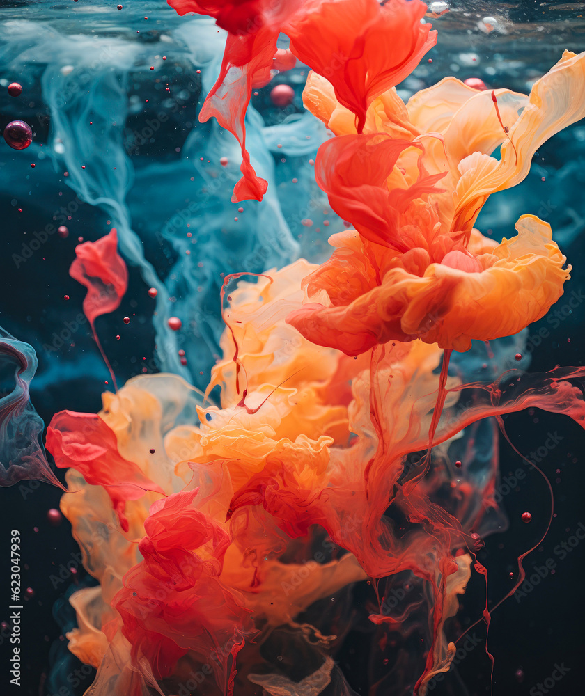 Fototapeta premium An explosion of paint and color in water, ink spilling vivid color. Tropical, sea background. A coral reef in deep, dark water. Illustration. Generative AI.