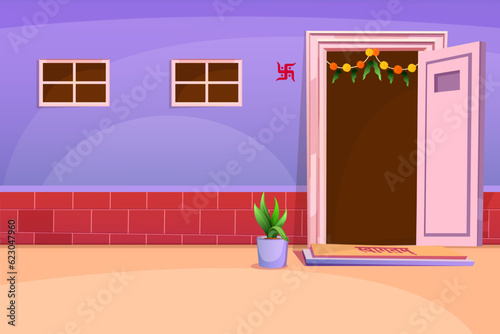Vector illustration of an Indian rural traditional house decorated with marigold flowers hanging on the door.