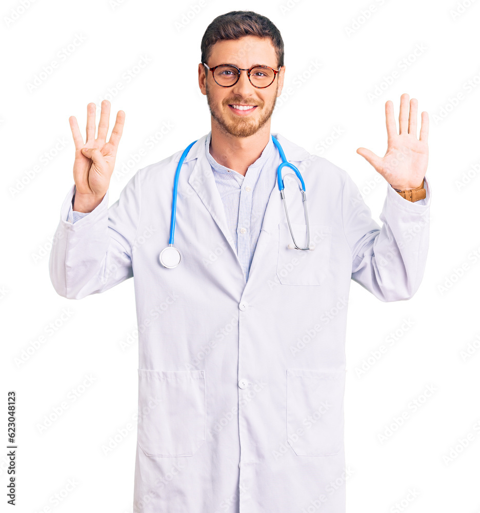 Handsome young man with bear wearing doctor uniform showing and pointing up with fingers number nine while smiling confident and happy. Handsome young man with bear wearing doctor uniform showing and pointing up with fingers number nine while smiling confident and happy.