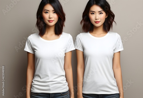 Asian Female Model Twins, White T-shirt Mockup, Design Presentation on Grey Background, Smiling, Fashion Design, Print-Ready Apparel, Generative AI, KI