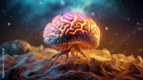 luminous brain, symbiosis of the human brain with a fungus, superdevelopment brain of the future, superhuman mind, bioengineering futuristic concept,biohacking