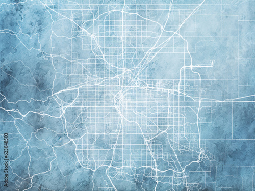 Illustration of a map of the city of  Denver Colorado in the United States of America with white roads on a icy blue frozen background.