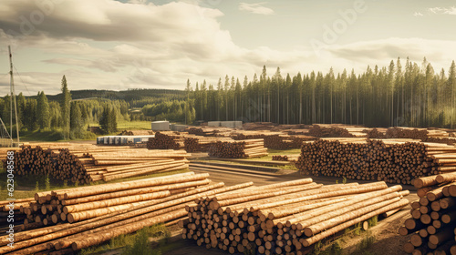 Pile of pine logs on meadow in forest. barbaric destruction, cutting down trees