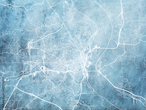 Illustration of a map of the city of  Dubuque Iowa in the United States of America with white roads on a icy blue frozen background.