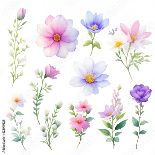 Collection of Flowers, Watercolor style for assets, Generative AI