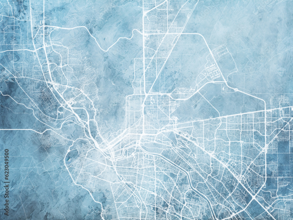 Illustration of a map of the city of  El Paso Texas in the United States of America with white roads on a icy blue frozen background.