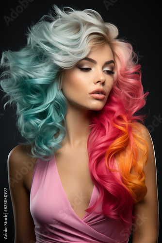 Hübsche Frau mit gefärbten und gelockten Haar mit modernster Frisur und edlen Visagistik Make up als Poster Nahaufnahme, ai generativ