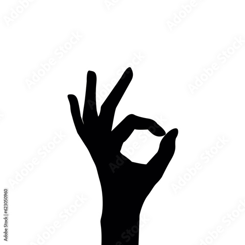 Vector flat illustration of hand silhouette showing an "Okay" sign. Vector design element for infographic, web, internet, presentation.