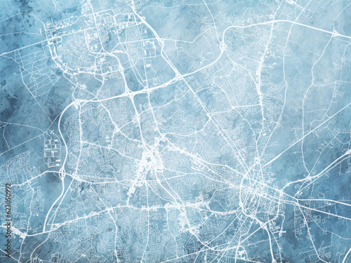Illustration of a map of the city of Fayetteville North Carolina in the United States of America with white roads on a icy blue frozen background.