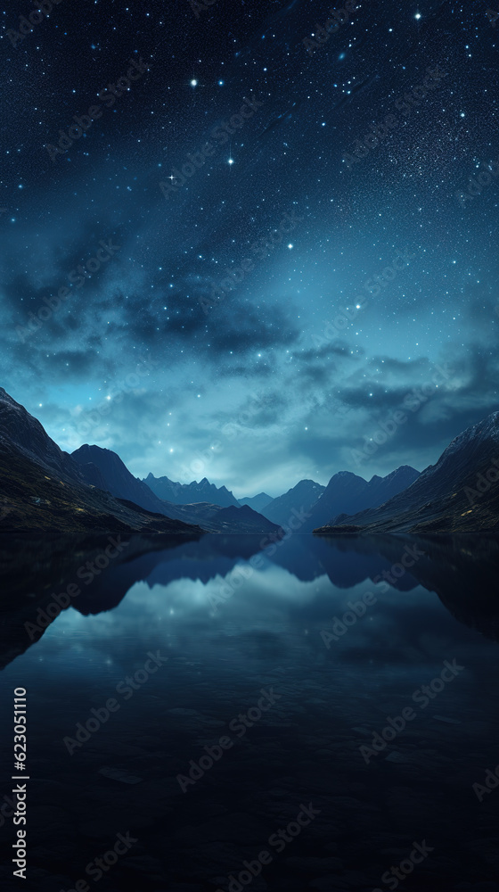 night sky with clouds, lake and stars at night