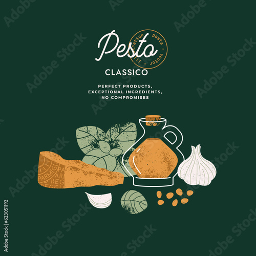 Traditional italian pesto sauce ingredients. Parmesan cheese with basil and garlic. Dark design template. 