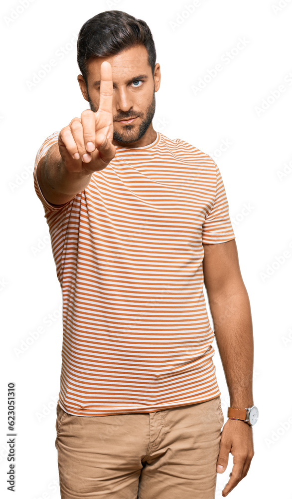 Handsome hispanic man wearing casual clothes pointing with finger up and angry expression, showing no gesture Handsome hispanic man wearing casual clothes pointing with finger up and angry expression, showing no gesture
