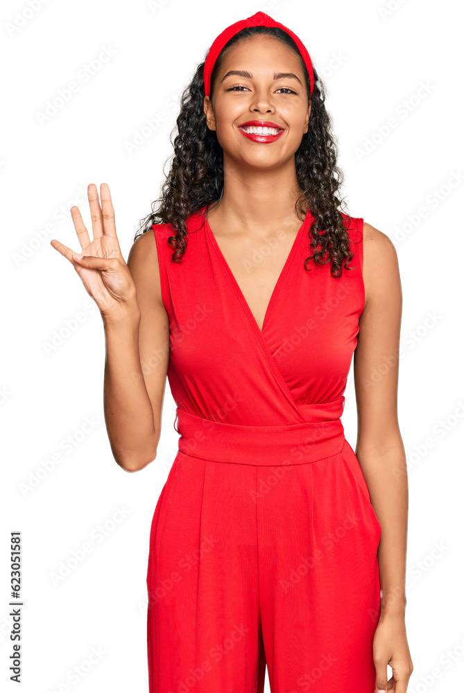 Young african american girl wearing elegant and sexy look showing and pointing up with fingers number four while smiling confident and happy. Young african american girl wearing elegant and sexy look showing and pointing up with fingers number four while smiling confident and happy.