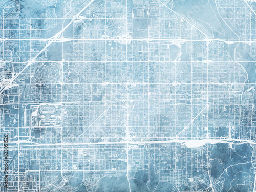 Illustration of a map of the city of Fontana California in the United States of America with white roads on a icy blue frozen background.