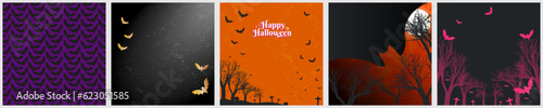 5 Vector Set of Halloween Themed Backgrounds. Bat Patterned Background, dark forest with group of flying bats and full moon in the sky. Halloween square card poster template designs. EPS 10.