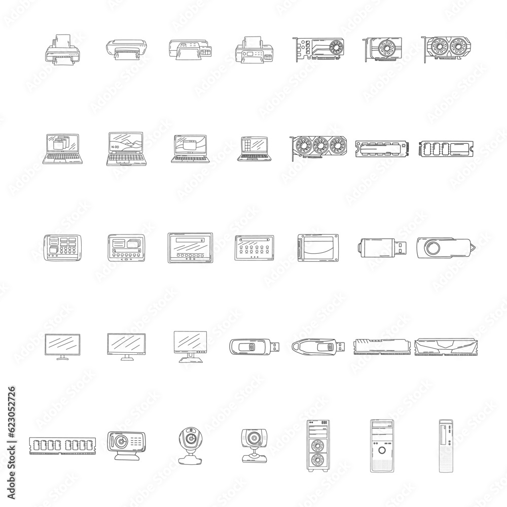 Set of hand drawn GADGET icons with notebook, tablet, pc, computer, laptop, monitor, and other Set of hand drawn GADGET icons with notebook, tablet, pc, computer, laptop, monitor, and other
