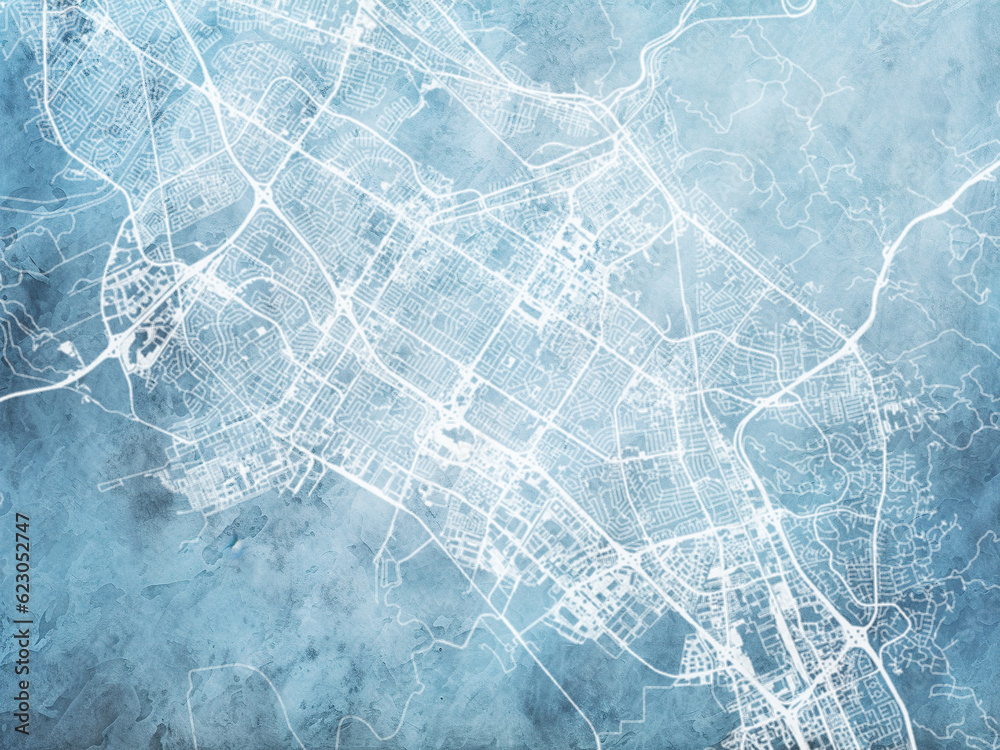 Illustration of a map of the city of  Fremont California in the United States of America with white roads on a icy blue frozen background.