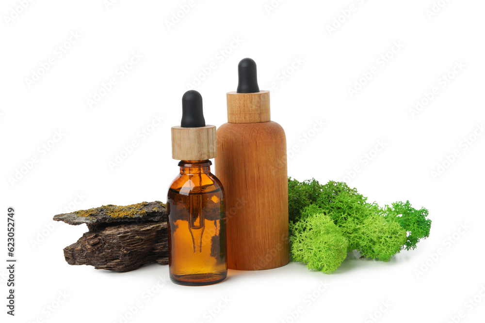 PNG, Moss, wooden and glass bottles with cosmetics, isolated on white background PNG, Moss, wooden and glass bottles with cosmetics, isolated on white background