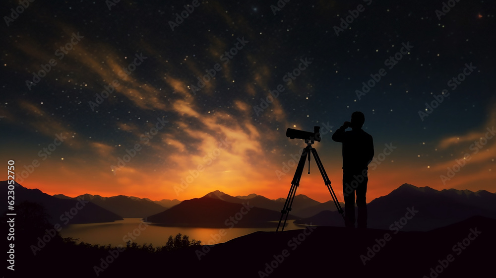 A person immersed in stargazing through a telescope, their silhouette against a vibrant sunset backdrop. Generative AI