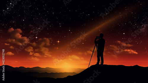 A person immersed in stargazing through a telescope, their silhouette against a vibrant sunset backdrop. Generative AI