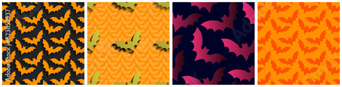 4 Seamless patterns of black, red, pink, gold and gradient flying bats with shadows for perspective on colored backgrounds. Black bats. Colorful Halloween pattern collection. Vector Illustrations.