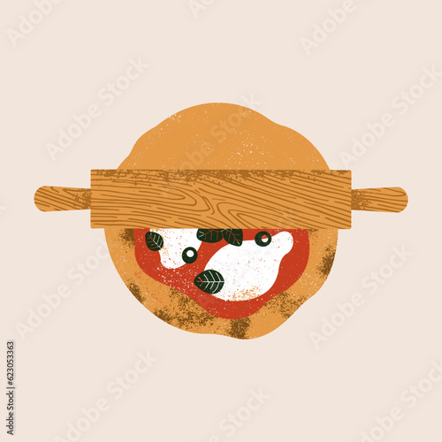 Pizza cooking. Rolling pin with pasta dough. Textured illustration. Italian food. Vector illustration