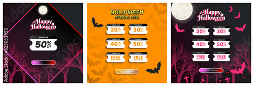 Set of Hello Halloween special sale online voucher designs with view details CTA button and space for voucher code. Halloween digital 50% coupon, free shipping, free delivery. Editable Vector Template