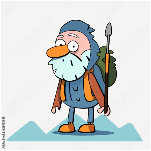 Old white man with a beard hiking and hunting in the nature in winter. Funny cartoon character of a grandpa with a backpack on an outdoor adventure