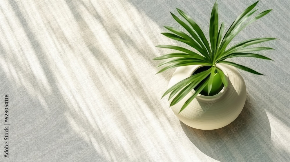 top view of house plant treepot on white stone table top with sun light making shade frome window,ai generate top view of house plant treepot on white stone table top with sun light making shade frome window,ai generate