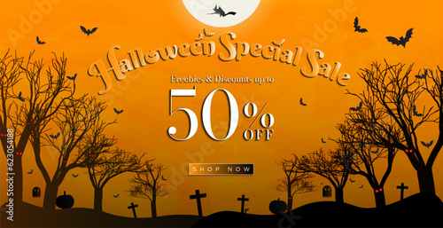 Halloween Special Sale Banner, discounts up to 50% off and shop now button CTA. Orange sunset gradient background with dark creepy trees, flying bats, gravestones, ghosts, pumpkins, witch. Vector Art.