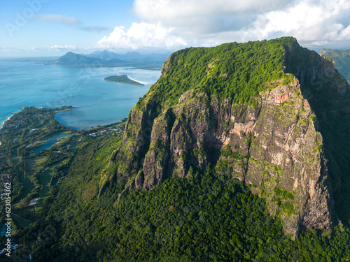 Incredible view of Le Morne mountain in Mauritius. Picture taken from drone photo