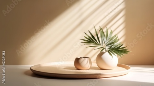 wooden natural blank stage tray backdrop showcase exhibit template on white table top with shadowshade of tree leaf on background wall ai generate