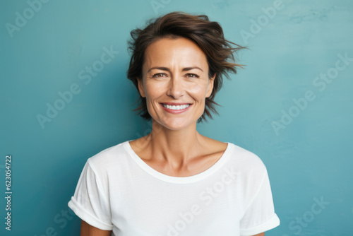 Close up of a middle age woman smiling and wearing a white t-shirt on a turquoise background.