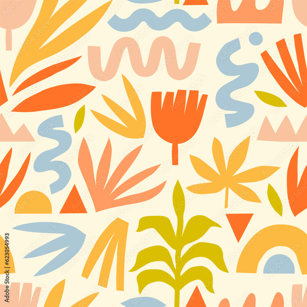 Collage floral seamless pattern with bright abstract shapes. Trendy design for fabric, wrapping paper, textile print, wallpaper.